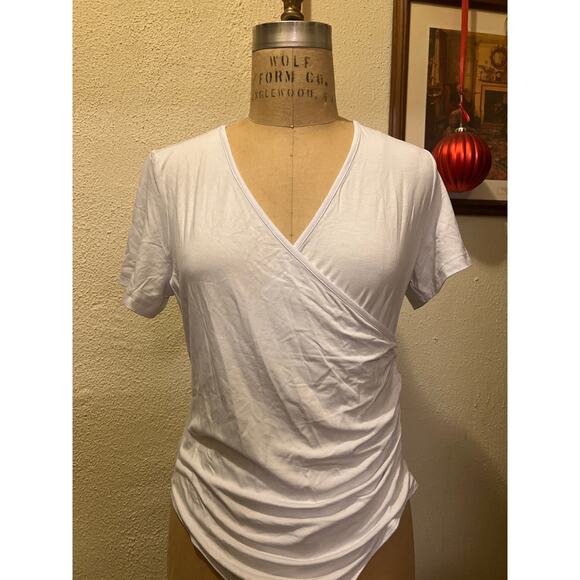 MANGOPOP Cross Wrap Ruched V Neck Short Sleeve Bodysuit NWT Size XL - Picture 3 of 7